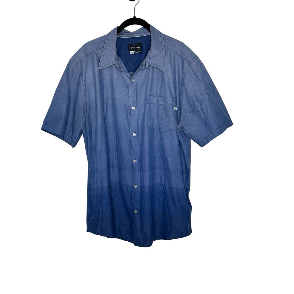 Marmot Mens Blue Gradient Ombré Shirt Large‎ Button Up Outdoor Hiking Camping